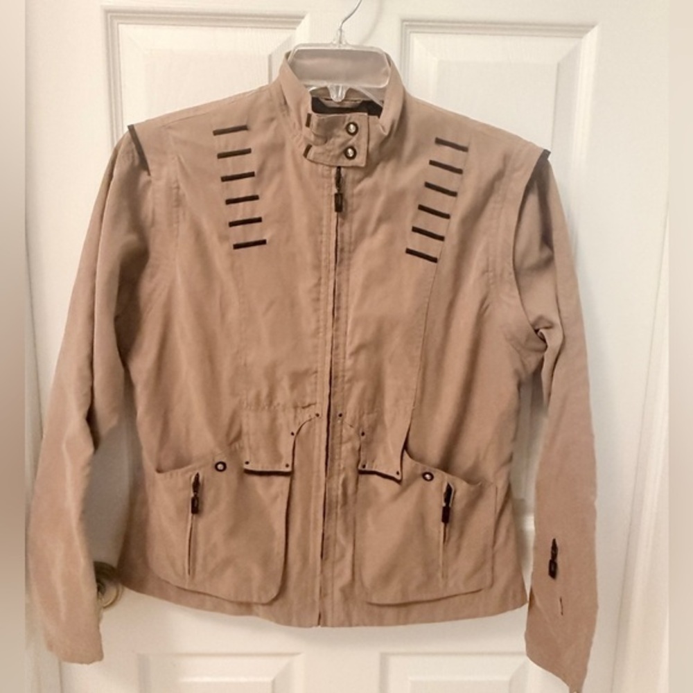Jamie Sadock Tan Utility Jacket Black Accents Zip Off Sleeves Vest Sz M RARE DE